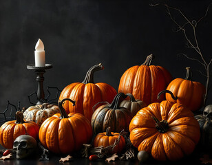 Elegant Halloween Pumpkins with Candle and SkullIsolated PNG