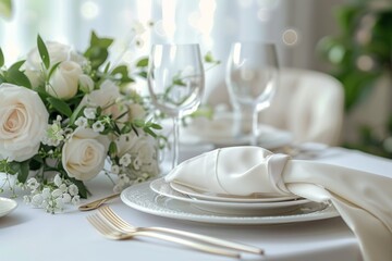 Elegant white table setting for fine dining experience