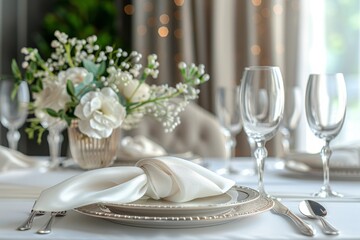Elegant white table setting for fine dining experience