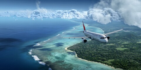 Obraz premium An airplane flying over a tropical island.