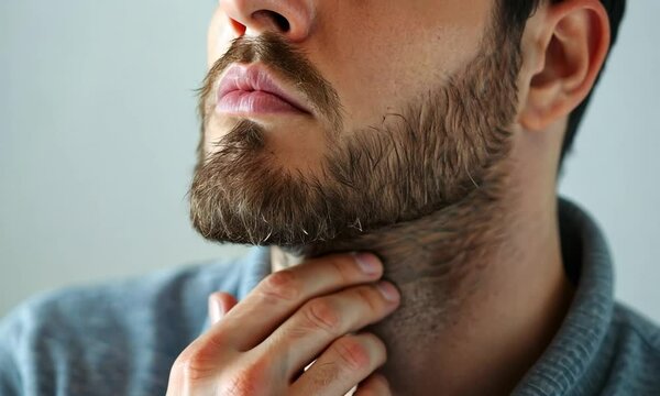 The man touches his throat. Close-up