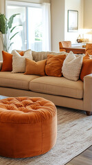 A modern interior. This is a minimalist interior photo of part of a living room with a sofa and cushions that match the interior. Generative AI