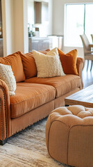 A modern interior. This is a minimalist interior photo of part of a living room with a sofa and cushions that match the interior. Generative AI