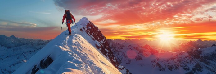 Climber on Mountain Ridge at Sunset