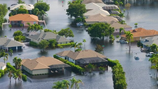 Flooding in Florida caused by tropical storm from hurricane Debby. Suburb houses in Laurel Meadows residential community surrounded by flood waters in Sarasota. Aftermath of natural disaster