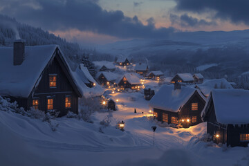 A cozy suburban Scandinavian village on a plateau at dusk in winter, with wooden homes partially buried in snow and A bright Scandinavian village in a meadow during midday in spring, Scandinavian town