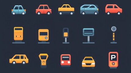 Fototapeta premium Flat Vector Parking Facility Icon Set for Transportation App