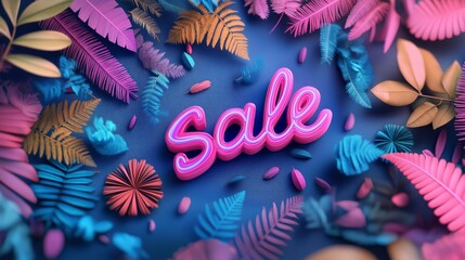 Vibrant neon sign sale surrounded by tropical paper art foliage.