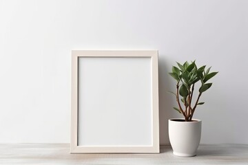 White frame mockup with green plant in a pot on a floor. Frame with copy space. Minimalistic interior design with empty frame