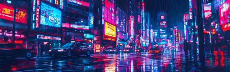 Obraz premium Vibrant Tokyo Nightscape, bustling streets illuminated by neon signs, lively crowds, and reflections on wet pavement, capturing the electric energy of urban nightlife