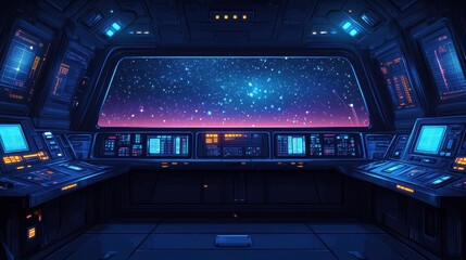 Obraz premium Futuristic Pixelated Space Station Interior with Control Panels and Dark Empty Area on the Left