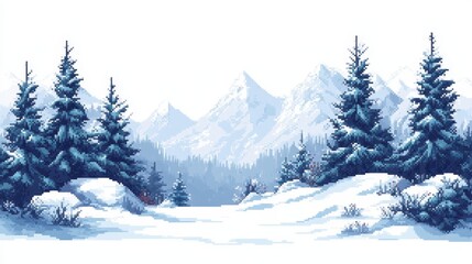 Retro 8-Bit Winter Wonderland - Snow-Covered Trees in Pixel Art Style with Copy Space for Text