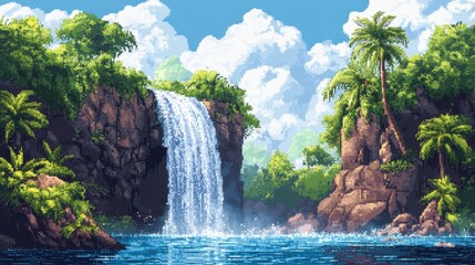 Fototapeta premium Retro 8-Bit Jungle Landscape with Waterfall and Open Water - Vintage Video Game Style Background with Copy Space.