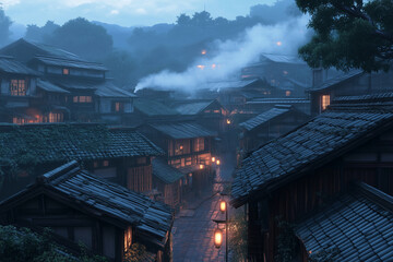 A cozy suburban Japanese townscape in various seasons, with traditional Wabi-sabi homes featuring small, beautifully simple gardens with snow and Sakura blossom 