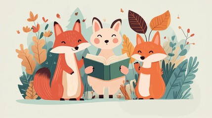 Three cartoon animals reading a book together in autumn foliage. Cute and educational illustration.