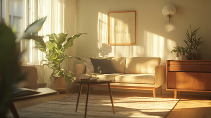 A japandi interior with minimalist, sofa and wood table and art frame hanging. Generative AI
