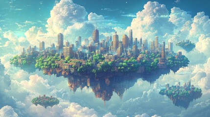 Futuristic 8-Bit Pixelated Sky Cityscape with Floating Islands and Copy Space Clouds