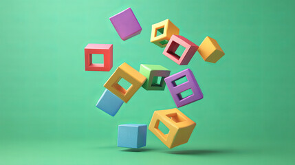 Obraz premium The 3D render of twisted multicolor block shapes against a green background is visually striking and modern. The use of vibrant colors and dynamic twisting effects creates a sense of motion and depth,