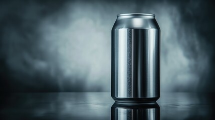Single aluminum can on a reflective surface against a blurred dark background.