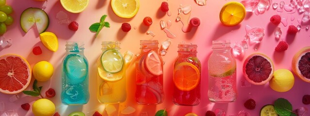 Colorful summer drinks with assorted fruits