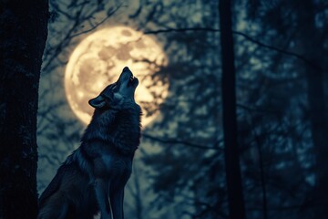 wolf howling in the night full moon forest