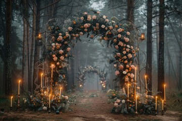 Wedding archway decorated with flowers and candles standing in the forest
