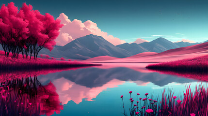 Vibrant pink trees by a lake reflecting a mountain landscape.