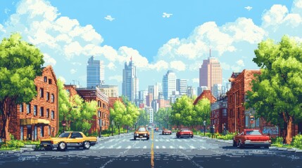 Naklejka premium Nostalgic Pixel Art Cityscape with Vintage Arcade Cars on Deserted Road - Urban Gaming Concept