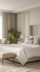This is a modern interior. It is finished with white walls and has a white bed and pillows for comfortable rest. This is a photo of a bedroom with minimalist interior design. Generative AI