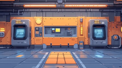 Obraz premium Futuristic 16-Bit Space Station Interior with Robot and Copy Space, Sci-Fi Technology Background