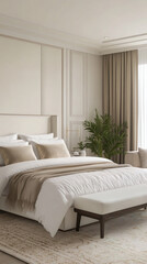 This is a modern interior. It is finished with white walls and has a white bed and pillows for comfortable rest. This is a photo of a bedroom with minimalist interior design. Generative AI