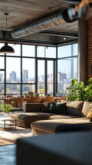 Fototapeta premium This is the modern interior of a high-rise building. This is a partial photo of the interior where red brick, exposed concrete, sofas, and decorations are harmoniously arranged. Generative AI
