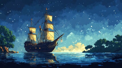Fototapeta premium Retro Pixelated Pirate Ship Sailing on the Ocean with Copy Space for Text - Nautical Adventure Concept