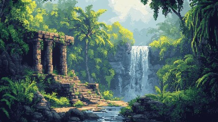 Pixelated Jungle Ruins Background with Copy Space for Text
