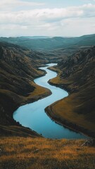 Serene Valley River, a picturesque landscape featuring a meandering river flowing gracefully through lush greenery, surrounded by gentle hills and vibrant flora.