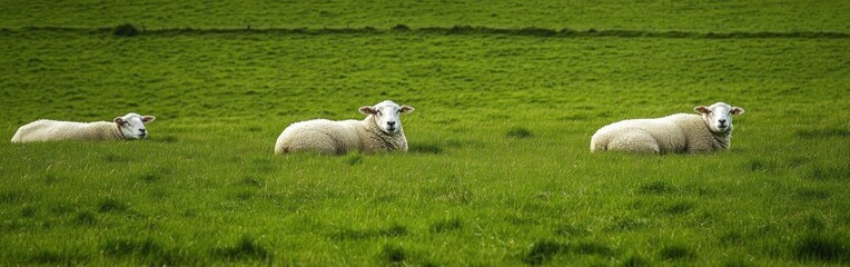 Fototapeta premium Serene Pastoral Scene, tranquil sheep lounging in vibrant green meadows, surrounded by gentle rolling hills and a clear blue sky, embodying peaceful rural life.
