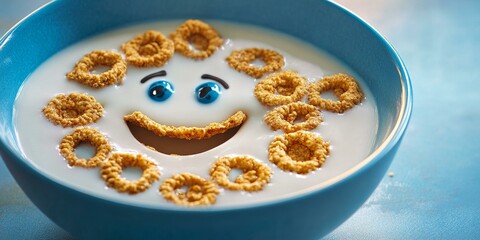 A smiling face made of cereal in a bowl of