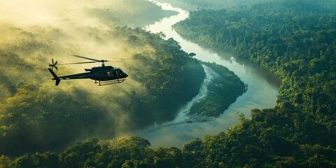 Fototapeta premium Helicopter flying over a river in a jungle.