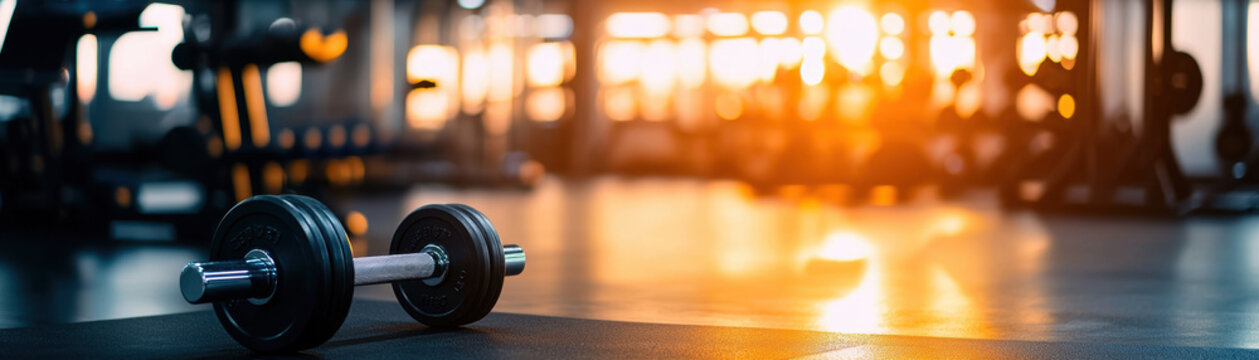 Sunrise in a gym with focused dumbbell in the foreground and blurred fitness equipment in the background.
