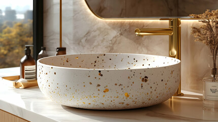 White round sink with gold flecks in a bathroom.