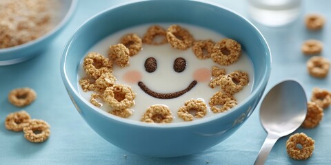 Smiling cereal bowl with milk and a spoon.
