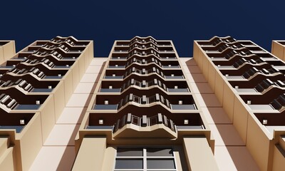 View of hotel room balcony over blue sky 3d rendering residence wallpaper background