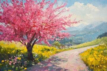 Blossoming Nature: Vibrant Red, Pink, and Yellow Flower Tree Painting by the Roadside in Spring