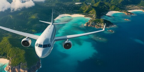 Fototapeta premium Airplane flies over a tropical island.