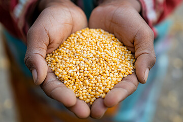 close up of hands holding grains	