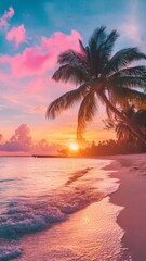 Tropical Beach Paradise, serene coastline lined with swaying palm trees, vibrant hues of sunset reflecting on calm waters, inviting atmosphere for relaxation and escape.