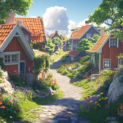 A cozy suburban Scandinavian village on a plateau at dusk in winter, with wooden homes partially buried in snow and A bright Scandinavian village in a meadow during midday in spring, Scandinavian town