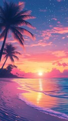 Tropical Paradise, a serene beach adorned with swaying palm trees, the sky ablaze with vibrant hues of orange and pink, waves gently lapping at the shore, a tranquil escape.