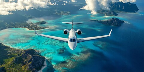 A private jet flies over a tropical island chain.