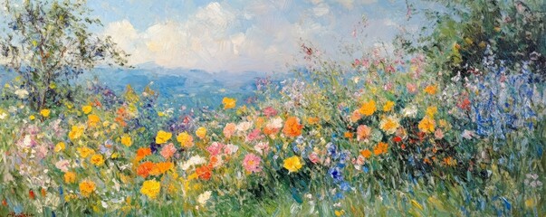 Impressionistic Beauty: Claude Monet Inspired Flower Meadow Landscape Oil Painting